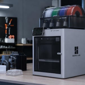 Könnte beinhalten: Ein silberner Bambu Lab X1-Carbon 3D-Drucker mit einem mehrfarbigen Filamentsystem auf der Oberseite. Der Drucker verfügt über eine schwarze Glastür, ein Touchscreen-Bedienfeld und das Bambu Lab-Logo. Mehrere kleine 3D-Druckobjekte stehen auf dem Tisch.
