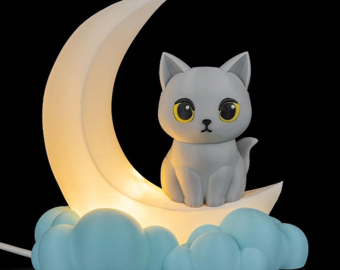 Kitty Moon Table Lamp – Cute Cat Night Light on Crescent Moon and Clouds – Cozy Bedroom or Nursery Decor