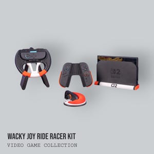 May include: A video game accessory kit with a steering wheel, controller, and console stand. The set includes black and orange components, with the text "WACKY JOY RIDE RACER KIT" and "VIDEO GAME COLLECTION" at the bottom.