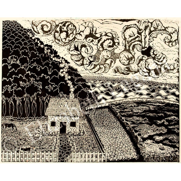 House by the Sea, Limited edition linoleum block print, printed and signed by artist