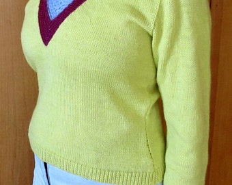 Yellow and Maroon Woman's Sweater, one of a kind, designed and knitted by Lagana, wool