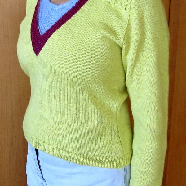 Yellow and Maroon Woman's Sweater, one of a kind, designed and knitted by Lagana, wool