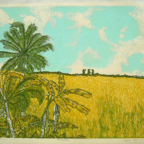 Ricelands, limited edition linoleum block print, printed and signed in pencil by the artist