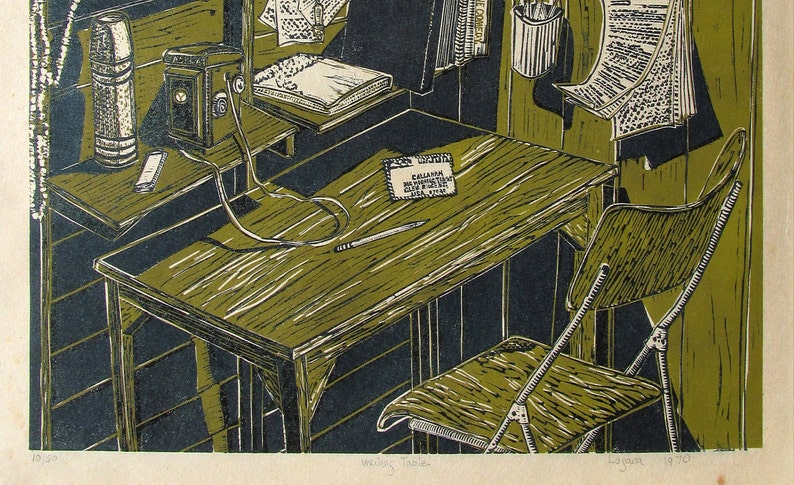 Desk Black white and color linoleum print. Signed in pencil | Etsy