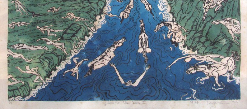 Ryders to the Sea, Limited edition linoleum block print,hand cut, hand printed, hand signed in pencil by Lagana image 3