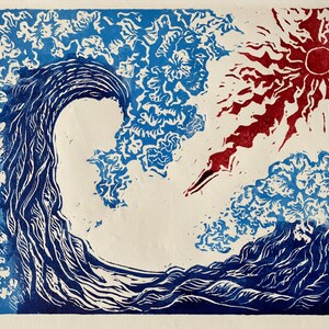Surfs Up,  Limited edition, color  lino print, hand printed and pencil signed by artist