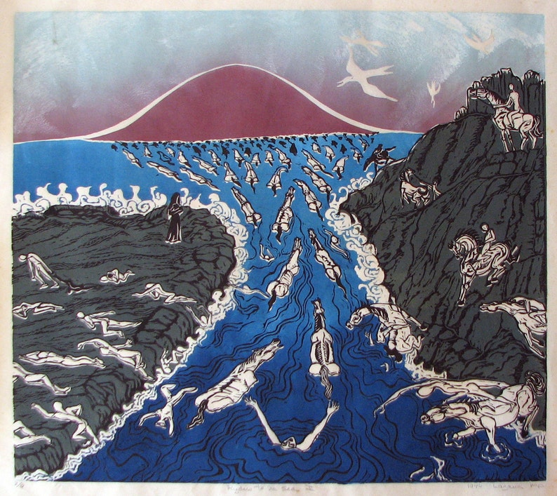 Ryders to the Sea, Limited edition linoleum block print,hand cut, hand printed, hand signed in pencil by Lagana image 4