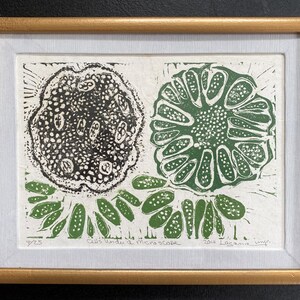 May include: A framed black and green print of cells under a microscope. The print is titled "Cells under a microscope" and signed "2014 Lacana imp."