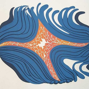 May include: Abstract art print with a blue and orange design. The print features a central starburst shape surrounded by flowing lines.