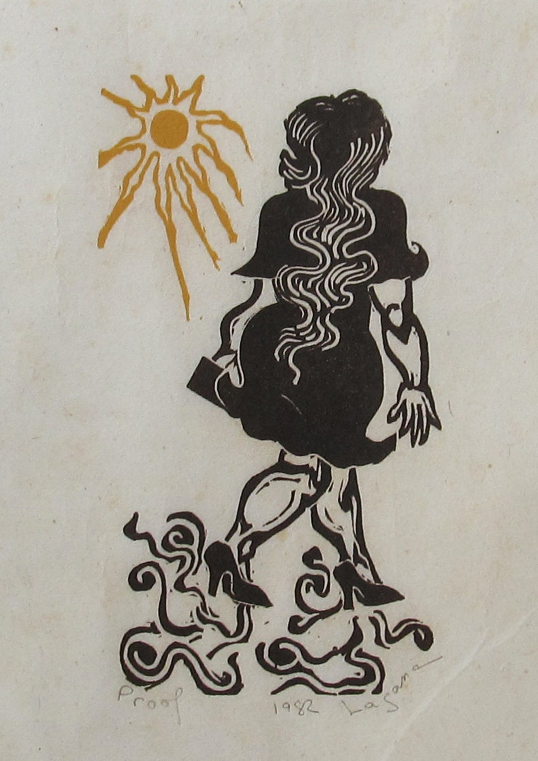 Trees, Black and White Linoleum Block Print, a Proof, Printed and