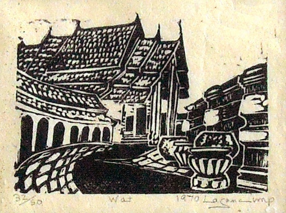 Miniature lino prints of Thailand, limited editions, printed and signed in pencil by the artist