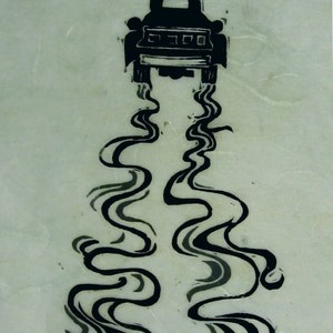 Making Tracks, black and white linoleum block print, a proof, printed and signed by the artist image 1