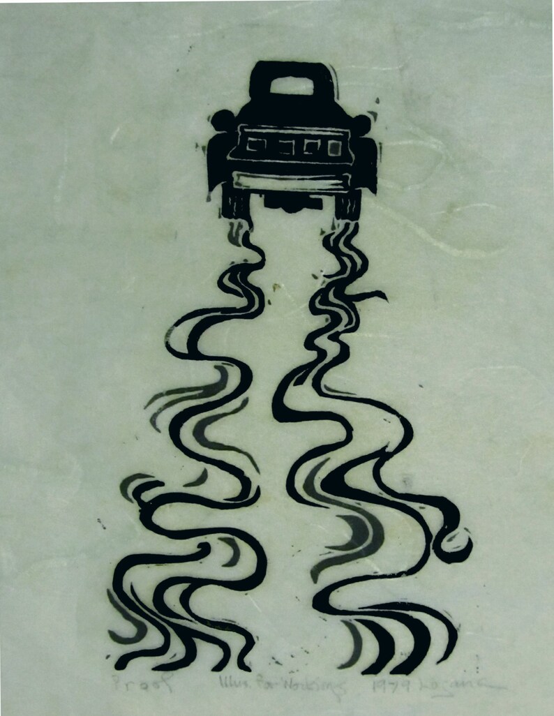 Making Tracks, black and white linoleum block print, a proof, printed and signed by the artist image 1