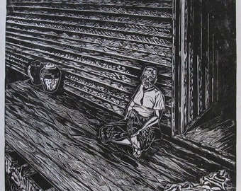 Grandfather on the Front Porch, limited edition lino cut, hand printed, hand signed in pencil by artist