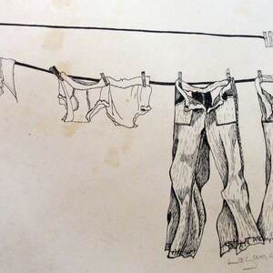 Clothesline,  pen and ink, drawn & signed by the artist  Only one
