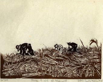 Rice Field at Harvest, limited edition lino cut, hand printed, hand signed in pencil by the artist