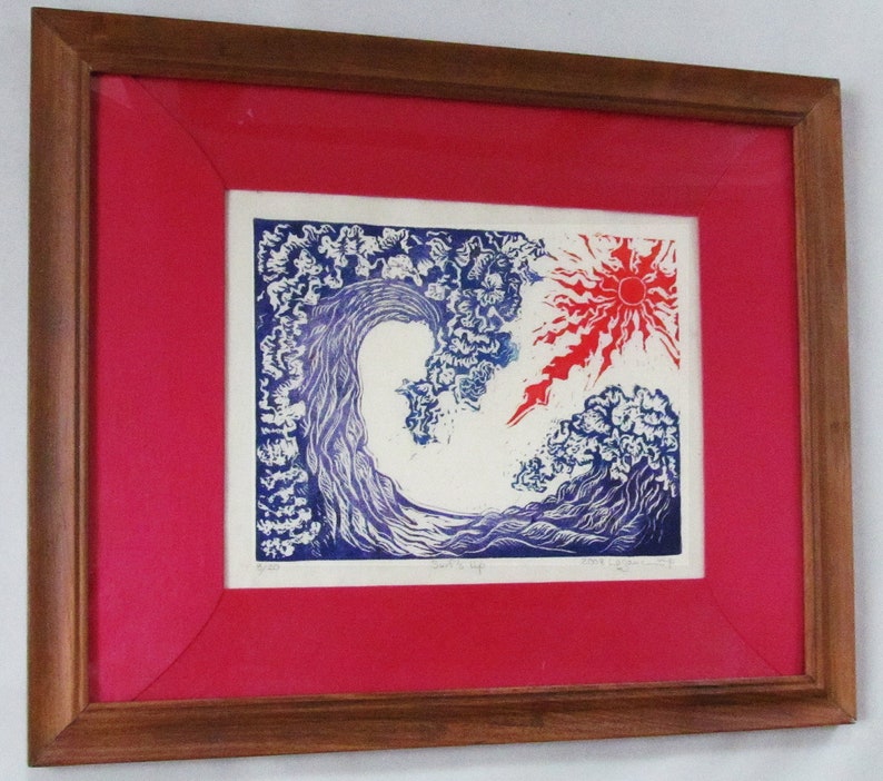 Surf's Up, Limited edition, color linoleum block print, hand printed and pencil signed by artist, framed in antique satin and Thai teak. image 1