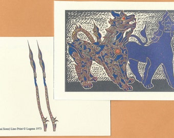 7 Lagana Postcards, digitalized from Lagana's linoleum block prints, scenes of Thailand
