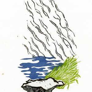 Stream in the Rain,  linoleum block print, a proof