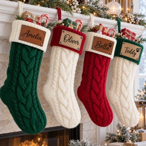 Custom Name Christmas Stockings, Personalized Knit Family Stocking with Leather Tag, Dog Bone Stocking, Festive Holiday Decor