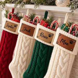 Custom Name Christmas Stockings, Personalized Knit Family Stocking with Leather Tag, Dog Bone Stocking, Festive Holiday Decor