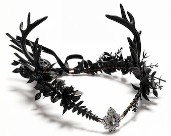 Gothic Antler Crown – Black Floral Forest Elf Tiara, Witch Cosplay Headpiece