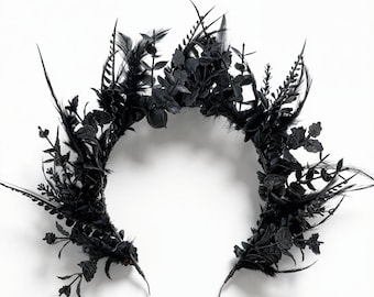 Black Floral Feather Crown, Gothic Dark Fairy Headpiece, Witch Wedding Cosplay Prop