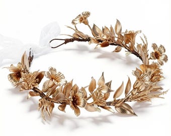Couronne de feuilles de bois de santal dorée, bandeau de mariage floral doré champagne
