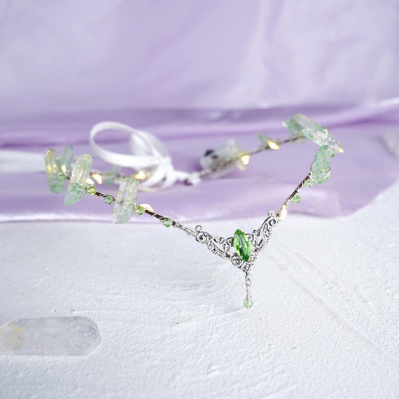 Green Crystal Tiara Handmade Fairy Crown Bridal Wedding V-Shaped Elf Headpiece Amazon.com : MOSTORY Handmade Green Crystal Tiara for  main image 4