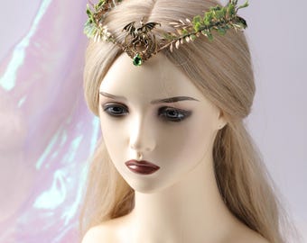 Renaissance Fairy Crown - Woodland Dragon Moon Flower Headpiece, Crystal Leaf Forest Coronet, Women&#39;s Role-Playing Wedding Accessories