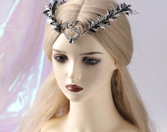 Renaissance Black Dragon Fairy Crown - Gothic Dragon Moon Headpiece with Fairy Hairpin, V-shaped Forest Flower Headpiece, Witch Hairband