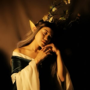 May include: A person wearing a dark green and white off-the-shoulder dress with long, flowing sleeves. The person has long, silver hair, pointed ears, and a floral and butterfly headpiece. The person is wearing a necklace and has glitter on their face.
