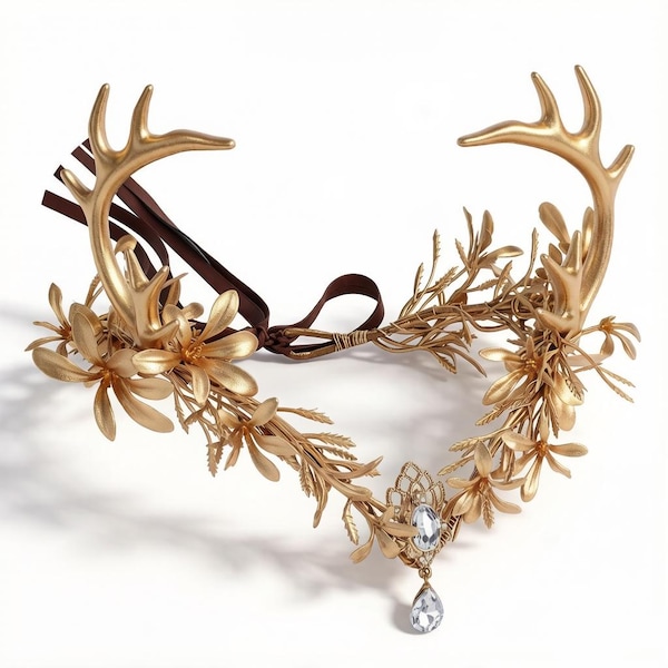 Corona da fata con corna d'oro, copricapo da elfo dei boschi con cervo, tiara da dea rinascimentale della foresta, fascia per capelli da cosplay con cristalli, corona di Halloween