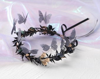 Black Butterfly Fairy Crown - Dark Fairycore Halo Headpiece for Gothic Wedding & Festival