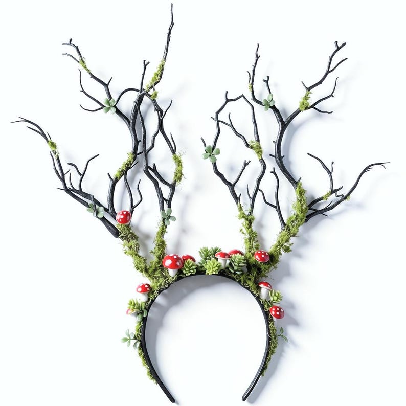 Woodland Fairy Branch Headband, Green Floral Butterfly Crown, Forest Elf Tiara, Renaissance Cosplay Headpiece, Nature Inspired Costume Acc mushroom