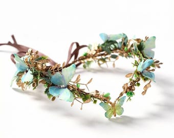 Coroa de flores com borboletas da primavera, tiara de fada da floresta, tiara floral élfica, acessório para fotos de casamento e maternidade, coroa de fita ajustável