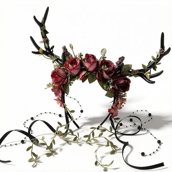 Dark Woodland Flower Reindeer Antler Headband – Autumnal  display picture 1