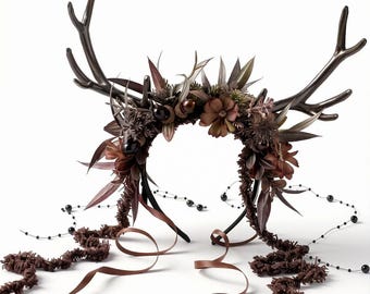 Dark Woodland Flower Reindeer Antler Headband – Autumnal Floral Horns Cosplay Accessory