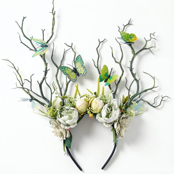 Woodland Fairy Branch Headband, Green Floral Butterfly Crown, Forest Elf Tiara, Renaissance Cosplay Headpiece, Nature Inspired Costume Acc