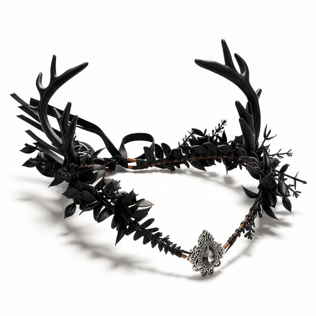 Gothic Antler Crown - Black Floral Forest Elf Tiara, Witch Cosplay Headpiece