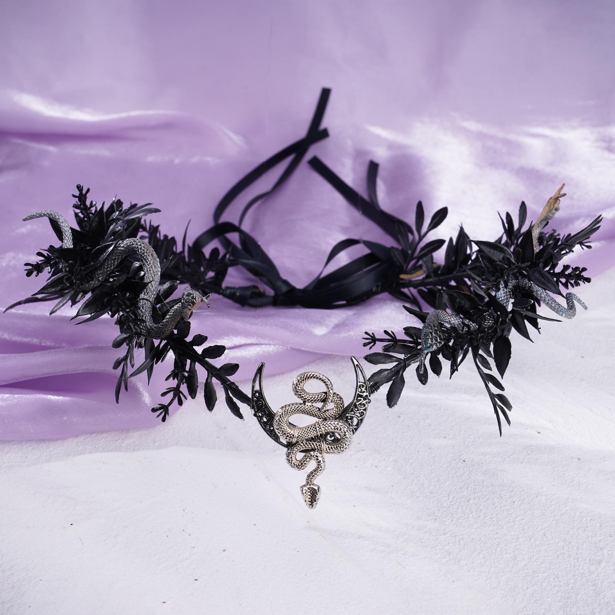 Medusa Snake Fairy Crown, Gothic Moon Silver Black Leaf Dark Witch Tiara, Wiccan Elf Headpiece Woodland Celtic Crown Pagan Elven Headdress