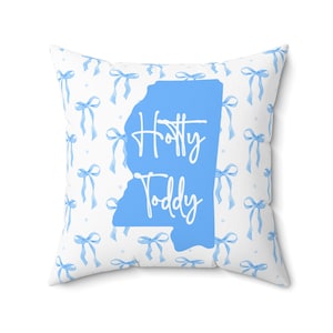 Hotty Toddy Square Pillow, Ole Miss Pillow, Room Decor, Blue Bows, Mississippi Outline, Dorm Decor