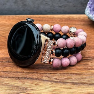 Pixel Watch Band with Pink Rhodonite, Matte Black Onyx and Rose Gold Lava Gemstone Handmade Beaded Watch Band for Google Pixel Watch Strap