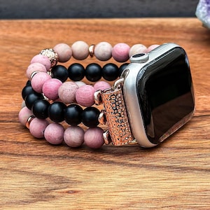 Apple Watch Band with Pink Rhodonite, Matte Black Onyx, and Rose Gold Lava Gemstone Handmade Beaded Watch Strap Natural Stone Bracelet