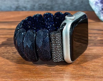 Blue Sand Gemstone Apple Watch Band, Handmade Beaded Watch Strap, Natural Stone Wristband Bracelet