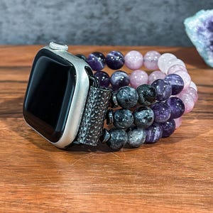 Apple Watch Beaded Band with Rose Quartz, Purple Angelite, Amethyst, & Labradorite Gemstone Handmade Watch Strap for IWatch Band for Women