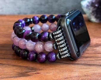 Handmade Apple Watch Band with Purple Tiger Eye and Purple Angelite Gemstone, Beaded Watch Strap Wristband