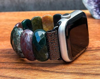Indian Agate Gemstone Apple Watch Band, Natural Stone Beaded Watch Strap, Handmade Wristband Bracelet