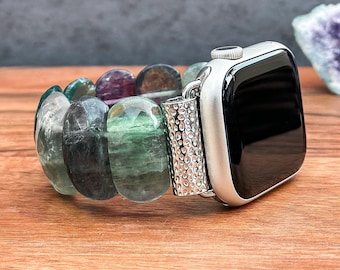 Genuine Fluorite Apple Watch Band, Gemstone Wristband, Handmade Beaded Watch Strap