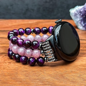 Beaded Pixel Watch Band with Purple Tiger Eye & Purple Angelite Natural Stone Bracelet Google Pixel Watch Handmade Elastic Pixel Watch Strap